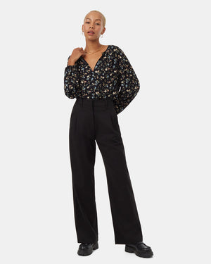 Black-V-Neck-Crepe-Long-Sleeve-Blouse