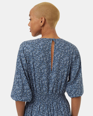 Blue-Raglan-Blouson-Sleeve-Patterned-Maxi-Dress