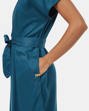 Blue-V-Neck-Cap-Sleeve-Belted-Midi-Dress