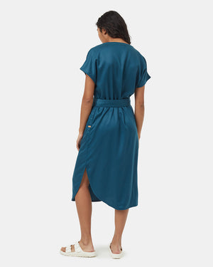 Blue-V-Neck-Cap-Sleeve-Belted-Midi-Dress