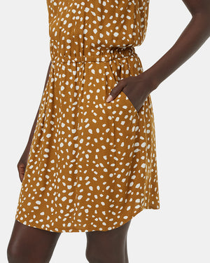 Brown-Knee-Length-Patterned-Crepe-Halter-Dress