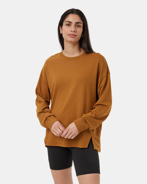 Brown-Ribbed-Crew-Neck-Oversized-Fleece-Sweatshirt