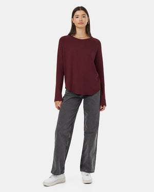 Burgundy-Crew-Neck-Shirttail-Hem-Long-Sleeve-Top