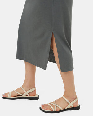 Green-Relaxed-V-Neck-Cap-Sleeve-Midi-Length-Dress