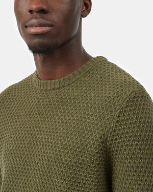 Green Men's Waffle Knit Crew Neck Sweater