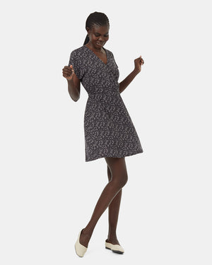 Grey-Knee-Length-V-Neck-Patterned-Wrap-Dress