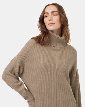 Brown-Turtleneck-Knee-Length-Oversized-Fit-Dress