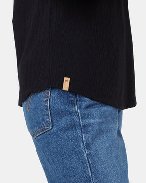 Black Women's Ribbed Button Long Sleeve Top